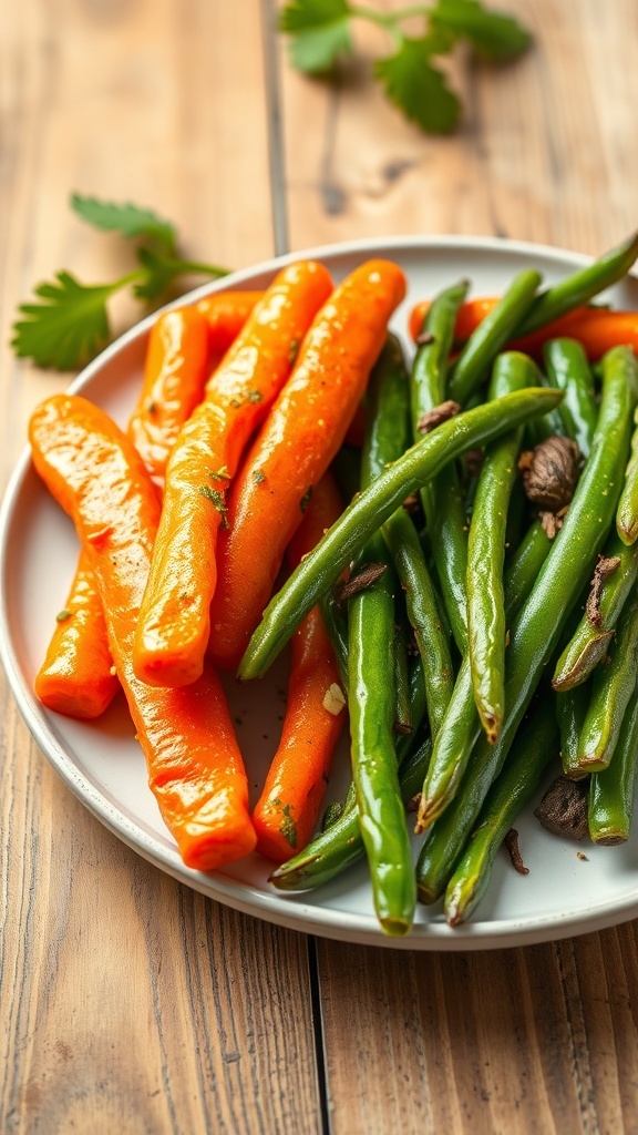 Crispy air-fried carrots and green beans served on a plate, garnished with herbs.